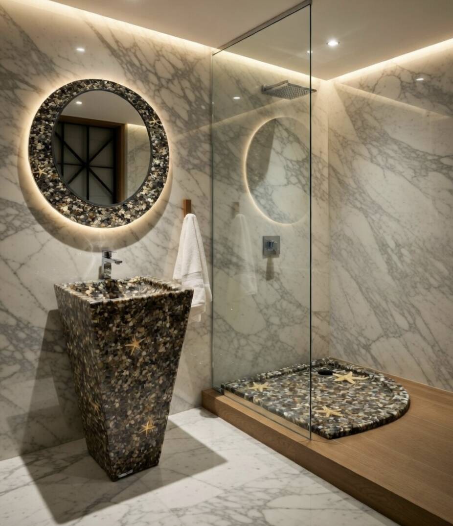 Bien - Çakıltaşlı Epoksi Monoblok Lavabo+Ayna+Duş Teknesi OUTLET - TLYNN-802393-TESHIR - 1