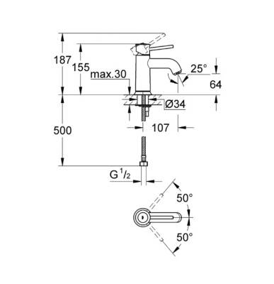 GROHE - BauClassic Tek Kumandalı Lavabo Bataryası S-Boyut Pürüzsüz Gövde Krom - OUTLET - G32863000-TESHIR - 2