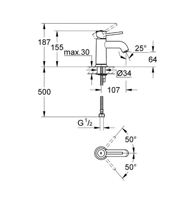 GROHE - BauClassic Tek Kumandalı Lavabo Bataryası S-Boyut Pürüzsüz Gövde Krom - OUTLET - G32863000-TESHIR - 2