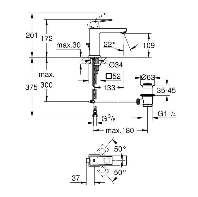 GROHE - Eurocube Tek Kumandalı Lavabo Bataryası M-Boyut Sifon Kumandalı Krom - OUTLET - G23445000-TESHIR - 2