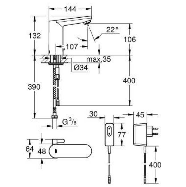 GROHE - Eurosmart Cosmopolitan E Fotoselli Lavabo Bataryası Elektrikli Çift Su Girişli Krom - OUTLET - G36325001-TESHIR - 2