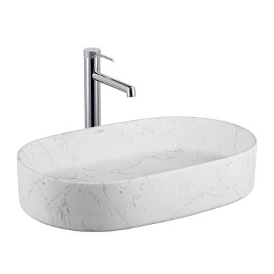 LENA - Tezgah Üstü Lavabo Mat Beyaz Mermer Desenli OUTLET - E-W1202M8-TESHIR - 2