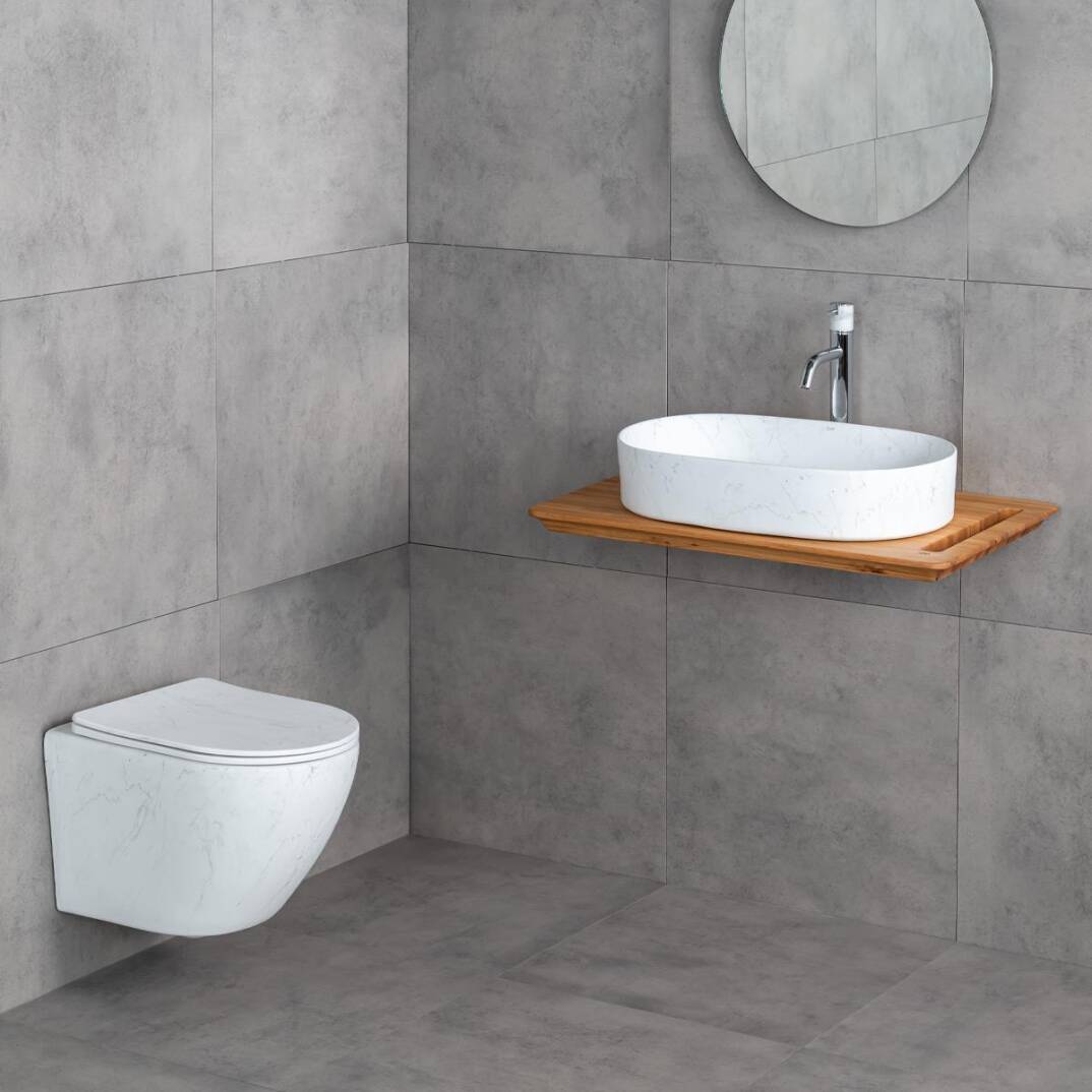 LENA - Tezgah Üstü Lavabo Mat Beyaz Mermer Desenli OUTLET - E-W1202M8-TESHIR - 4