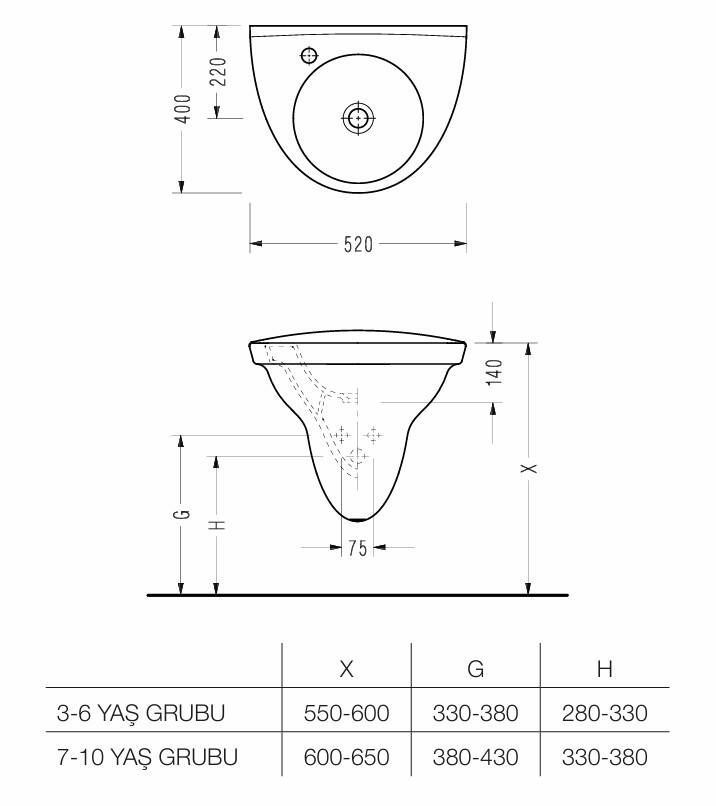 SEREL Paleimon Çocuk Monoblok Asma Lavabo - PL371XS110H - 2